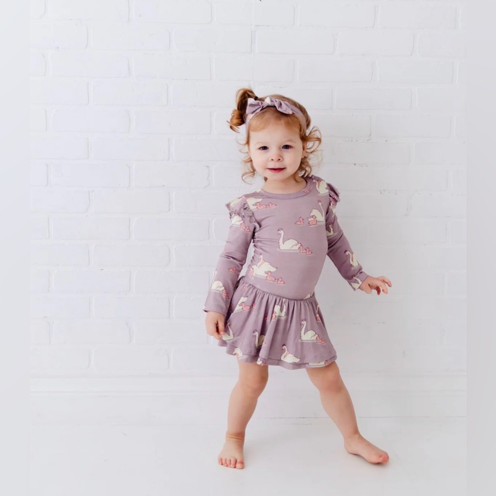 Dreamiere Swan of a Kind Long Sleeve Ruffle Romper Bamboo Dress with Headband